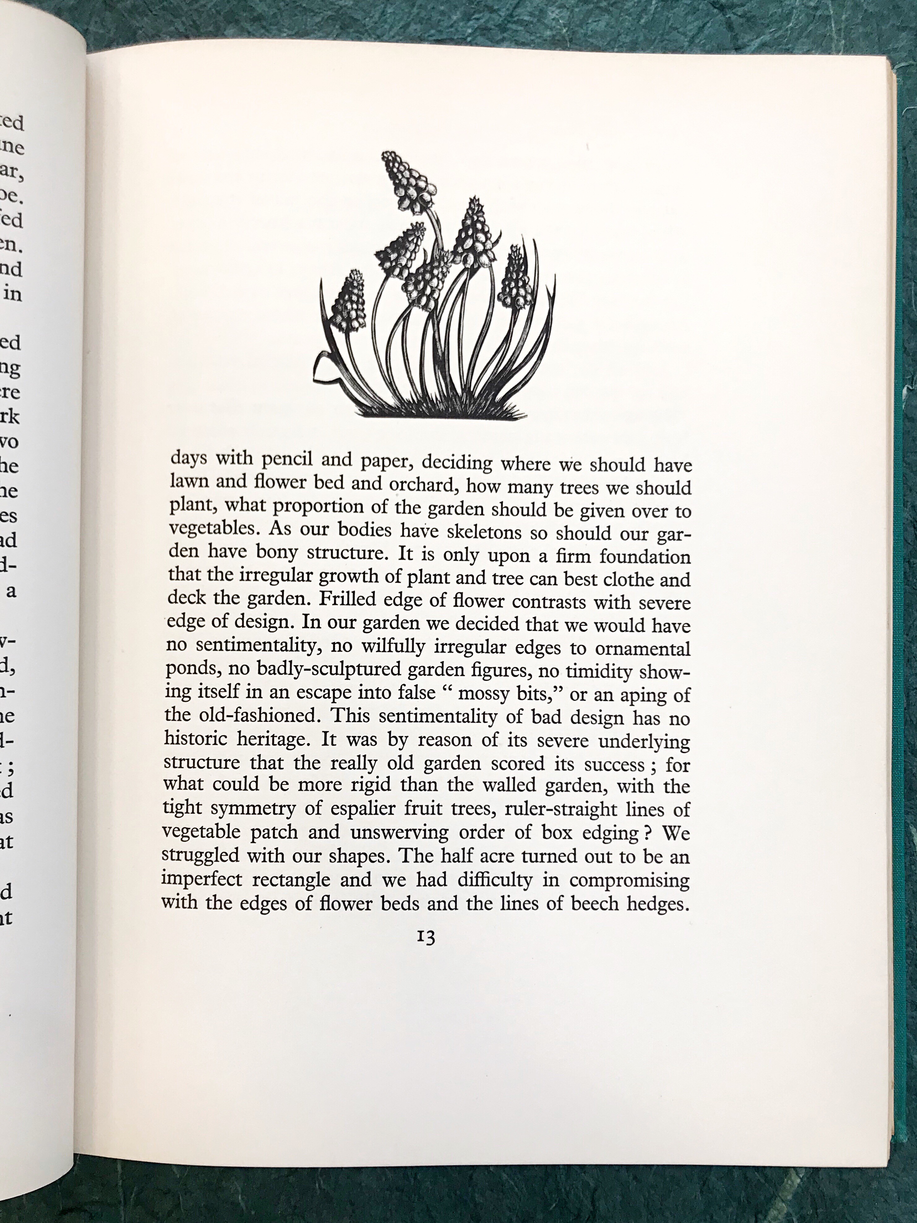 page from The Farmer’s Year by Clare Leighton with an illustration of a flower