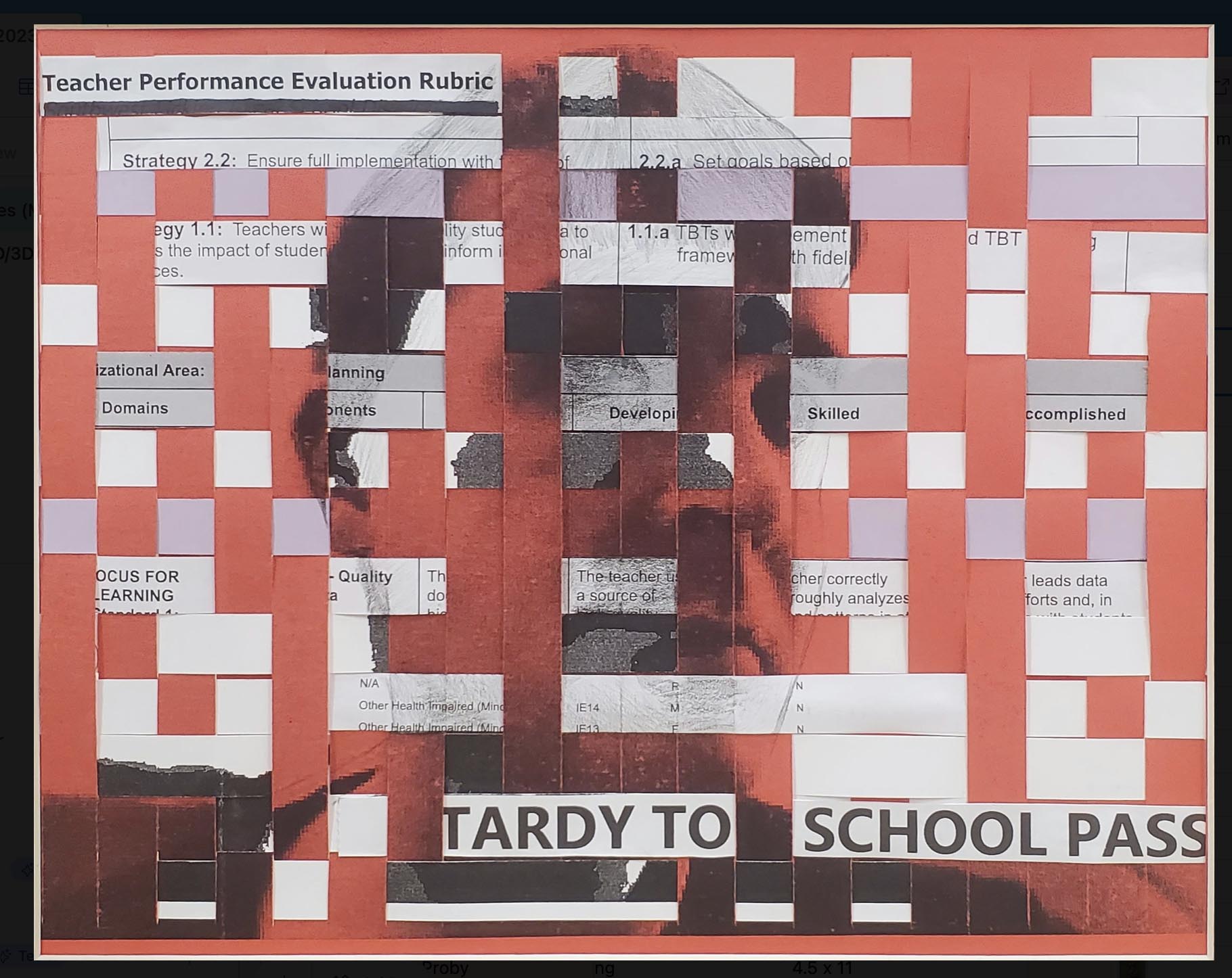 Red-tinted photograph of a light-skinned man making a disgruntled face. Squares and rectangles are cut out in a checkerboard-like pattern on the photo, revealing a teacher evaluation rubric paper underneath. The piece has a distinct collage-like quality to it.