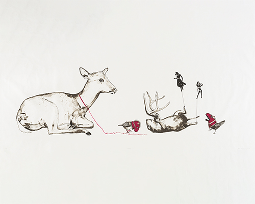 A print featuring a deer laying down with a red string around its neck beside a groundhog and two birds