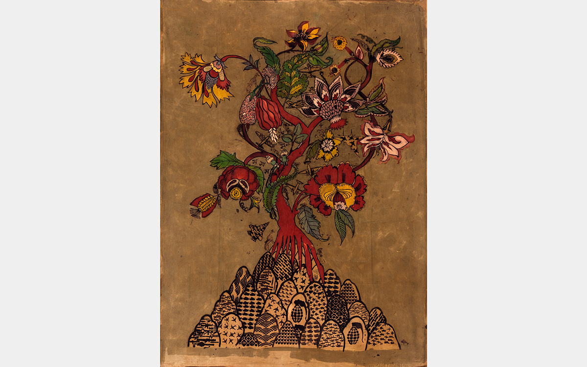 Fantastical floral imagery -- in shades of red, green, gold, black, and pink against a tan background.