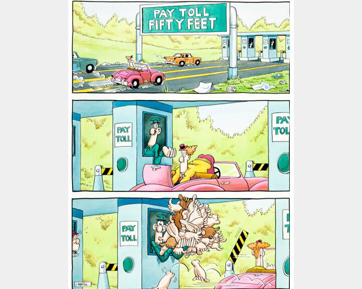 A comic where a man gives fifty feet to a toll booth