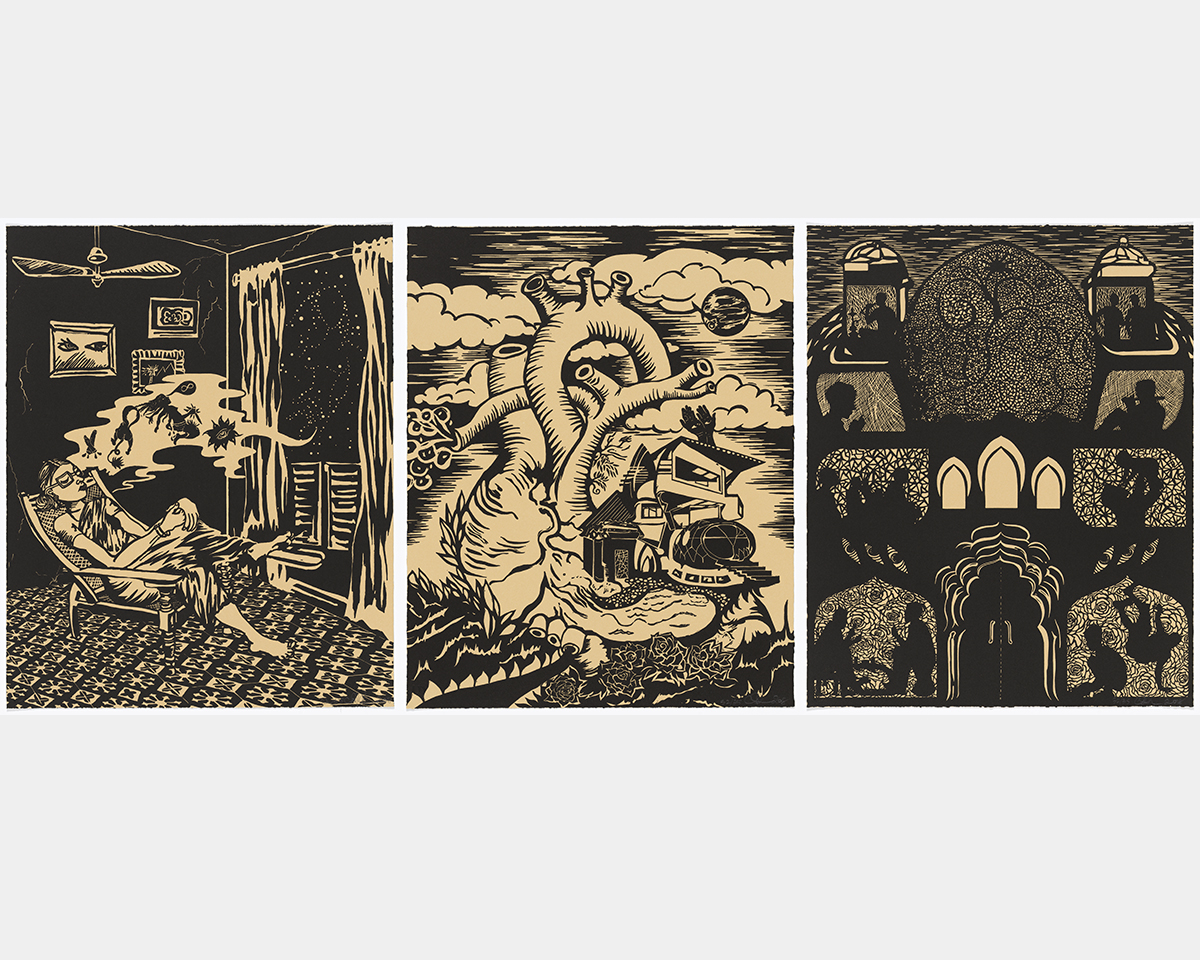 Three black and white cartoon-like images