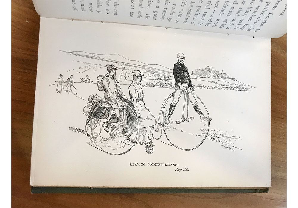 page from Two Pilgrims' Progress with an illustration of the couple and another bike rider