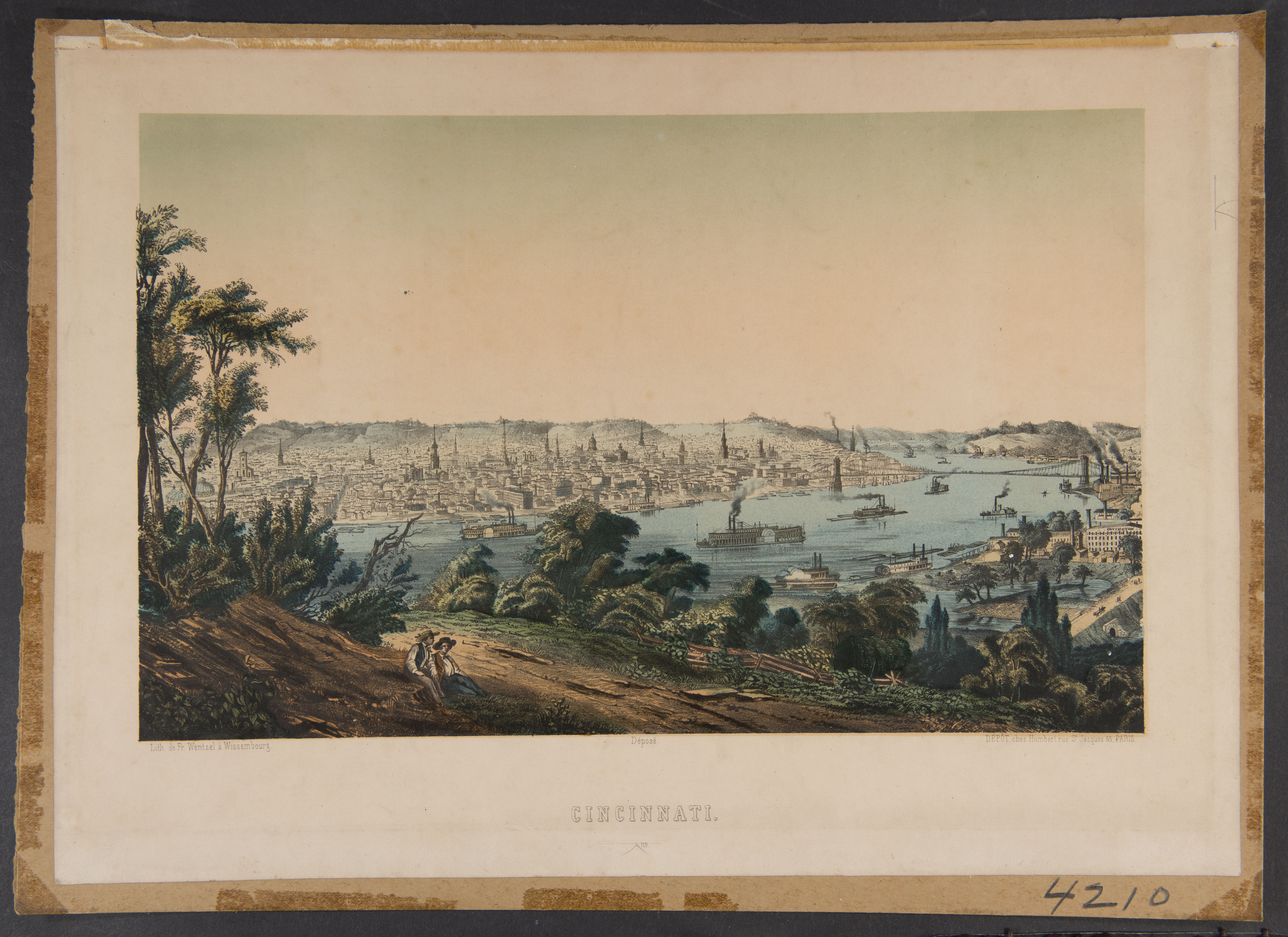 painting of the Cincinnati skyline and Ohio river seen from atop a hill