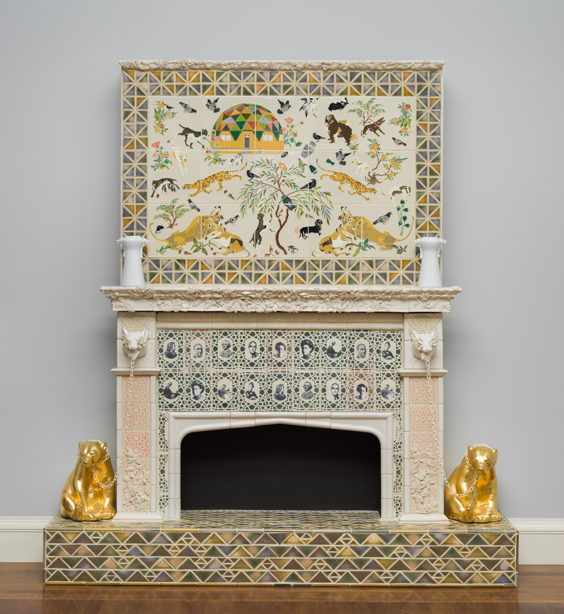 tile fireplace intricately decorated with animals, trees, and portraits