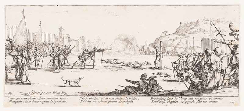 Jacques Callot's The Firing Squad,  a panoramic etching of a firing squad taking aim at a figure tied to a post as dozens of onlookers watch in a military camp
