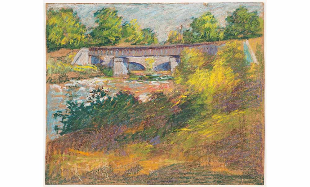 William Purcell McDonald's Ludlow Avenue Bridge, an impressionistic painting of a bridge crossing a small stream in the lush countryside
