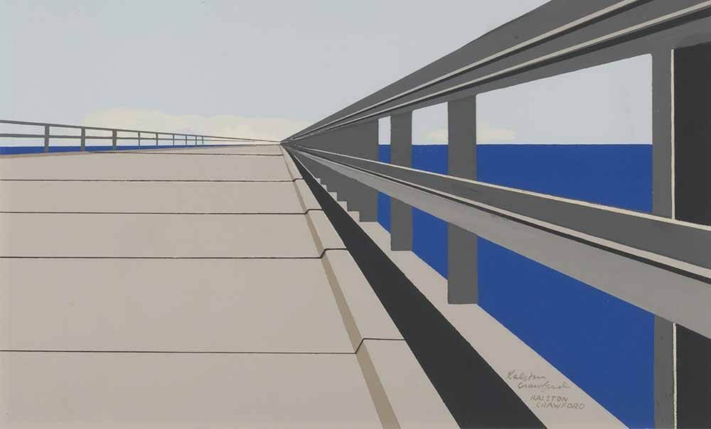 Ralston Crawford's Overseas Highway, a screen print of a road and guard rails fading away into the distance over a flat, blue, body of water