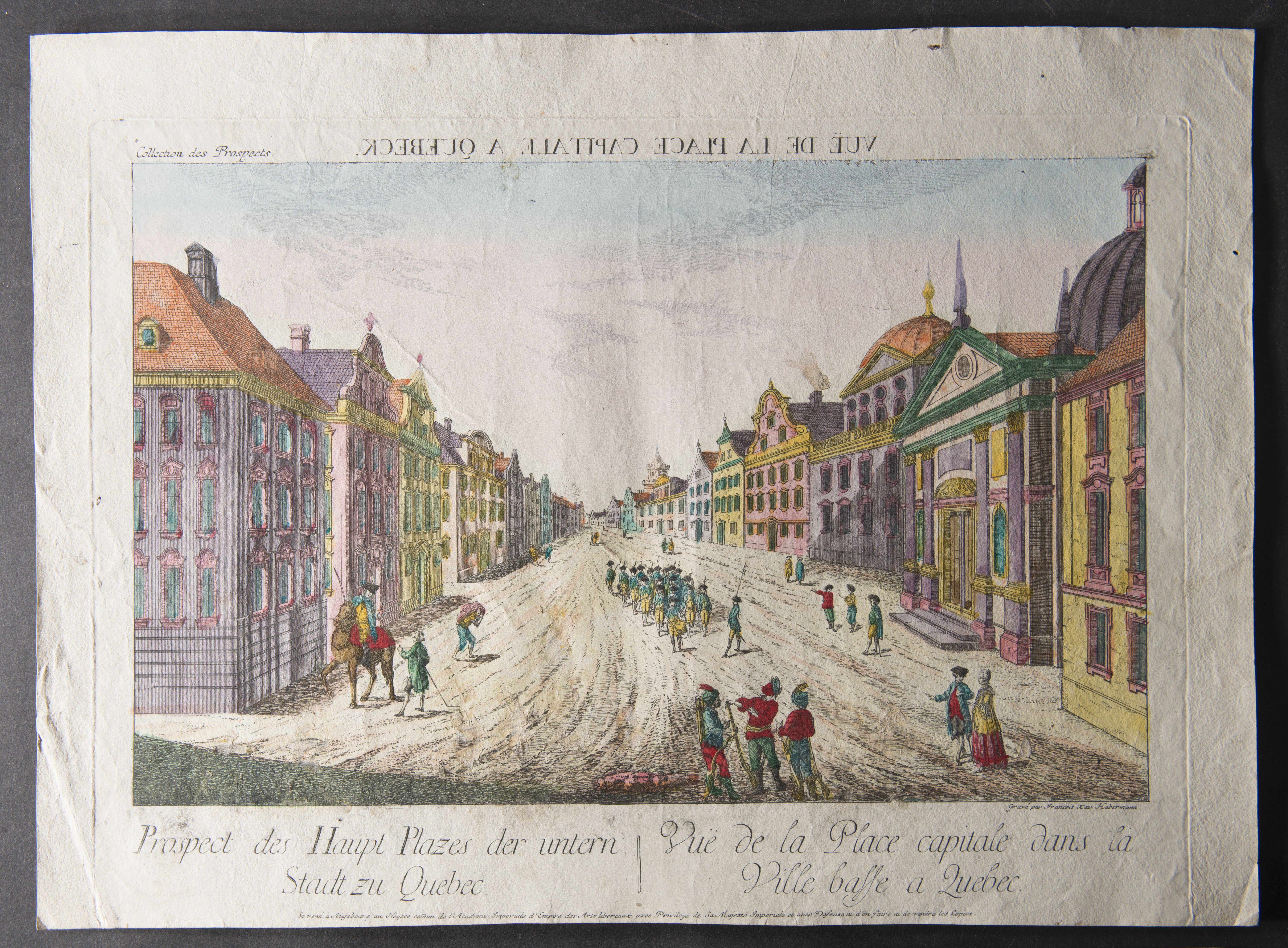 colorful illustration of an army platoon marching though a city street