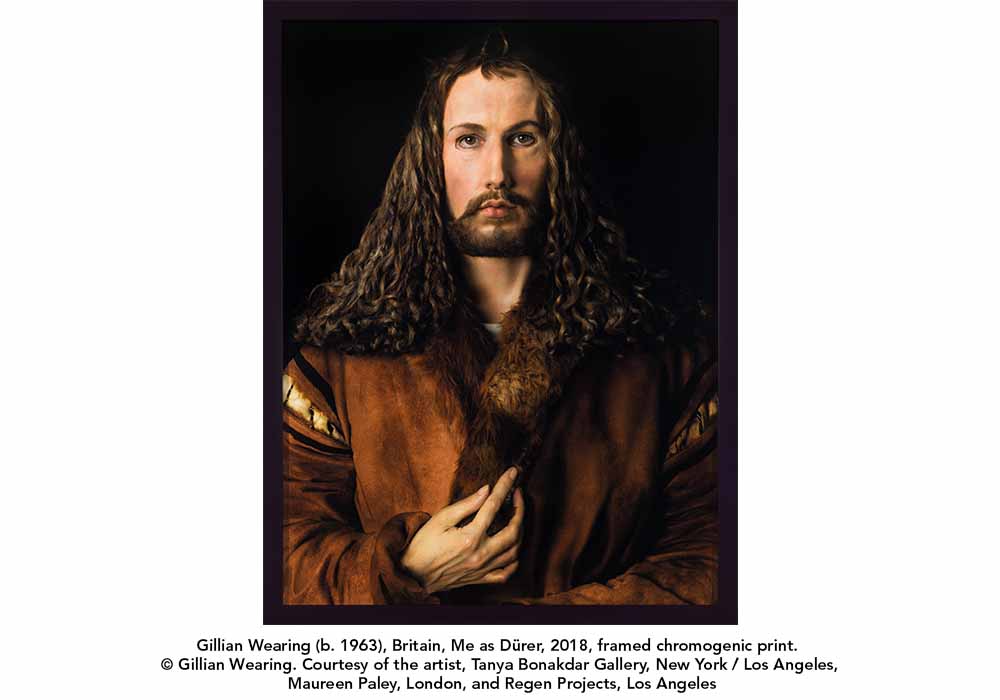 A photograph of Gillian Wearing disguised as Albrecht Dürer