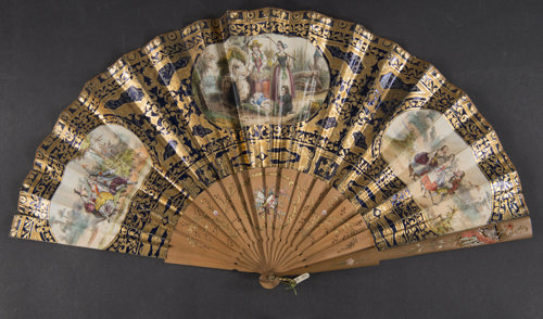 hand fan with ornate decorations and various illustrations of Victorian era people