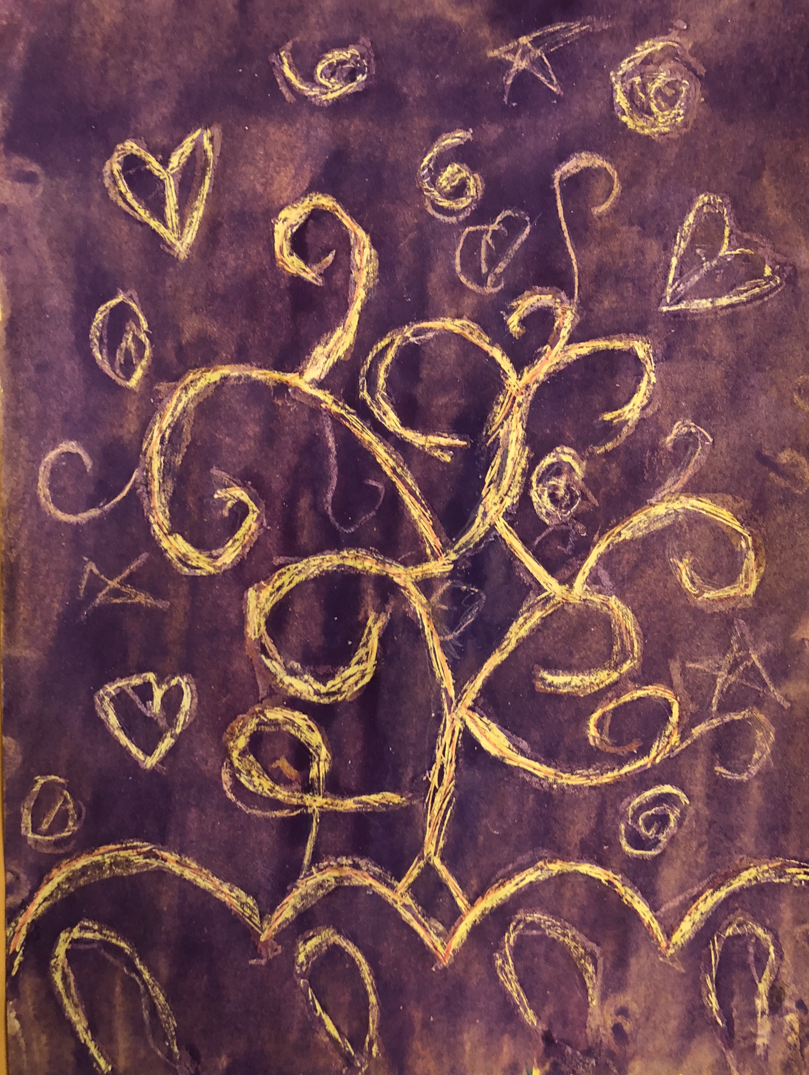 abstract drawing of a golden tree surrounded by hearts and stars