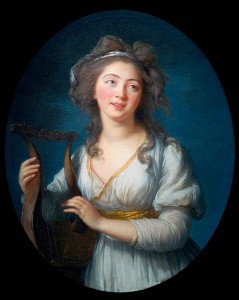 Oval portrait of a woman in a white gown playing a lyre