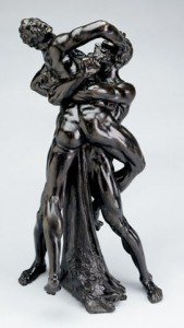 bronze statue of a nude Hercules and Antaeus wrestling