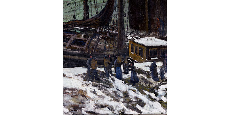 detail of a group of sailors on a snowy bank walking towards a docked ship