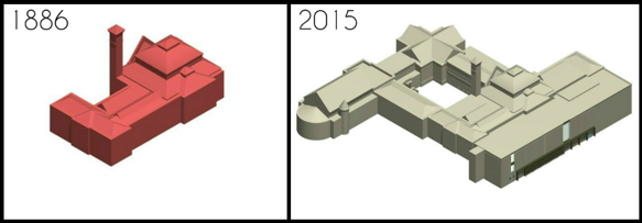 diagram showing the expansion of the museum building from 1886 to 2015