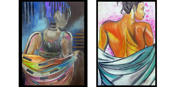 two works from students of a woman with a sheet wrapped around her arms facing away from the viewer