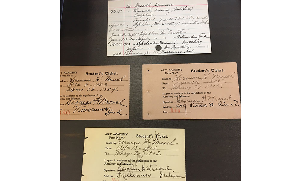 various documents and photographs on display