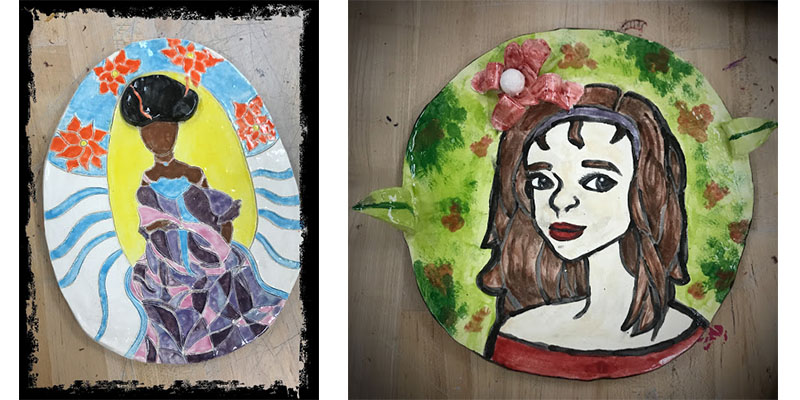 painted ceramic portraits made by students