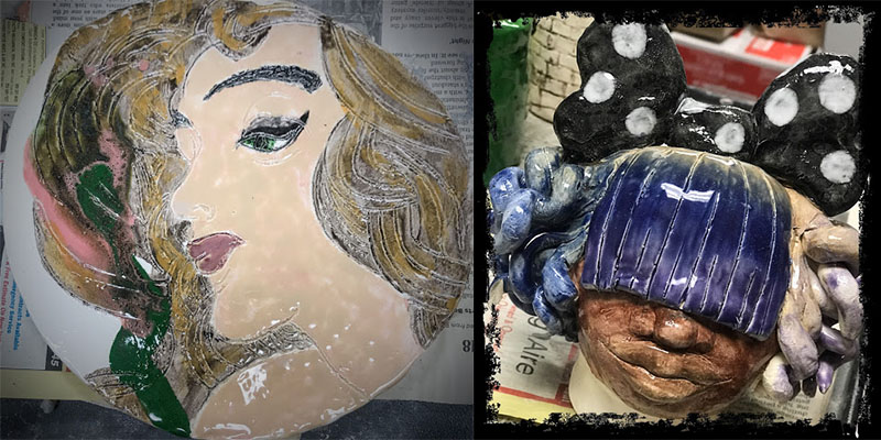 painted ceramic portraits made by students