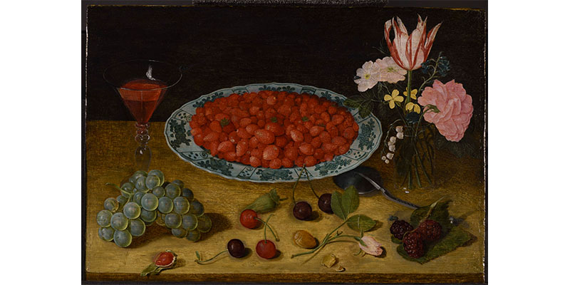 still life with a bowl of raspberries, some grapes, cherries, flowers and a glass of wine