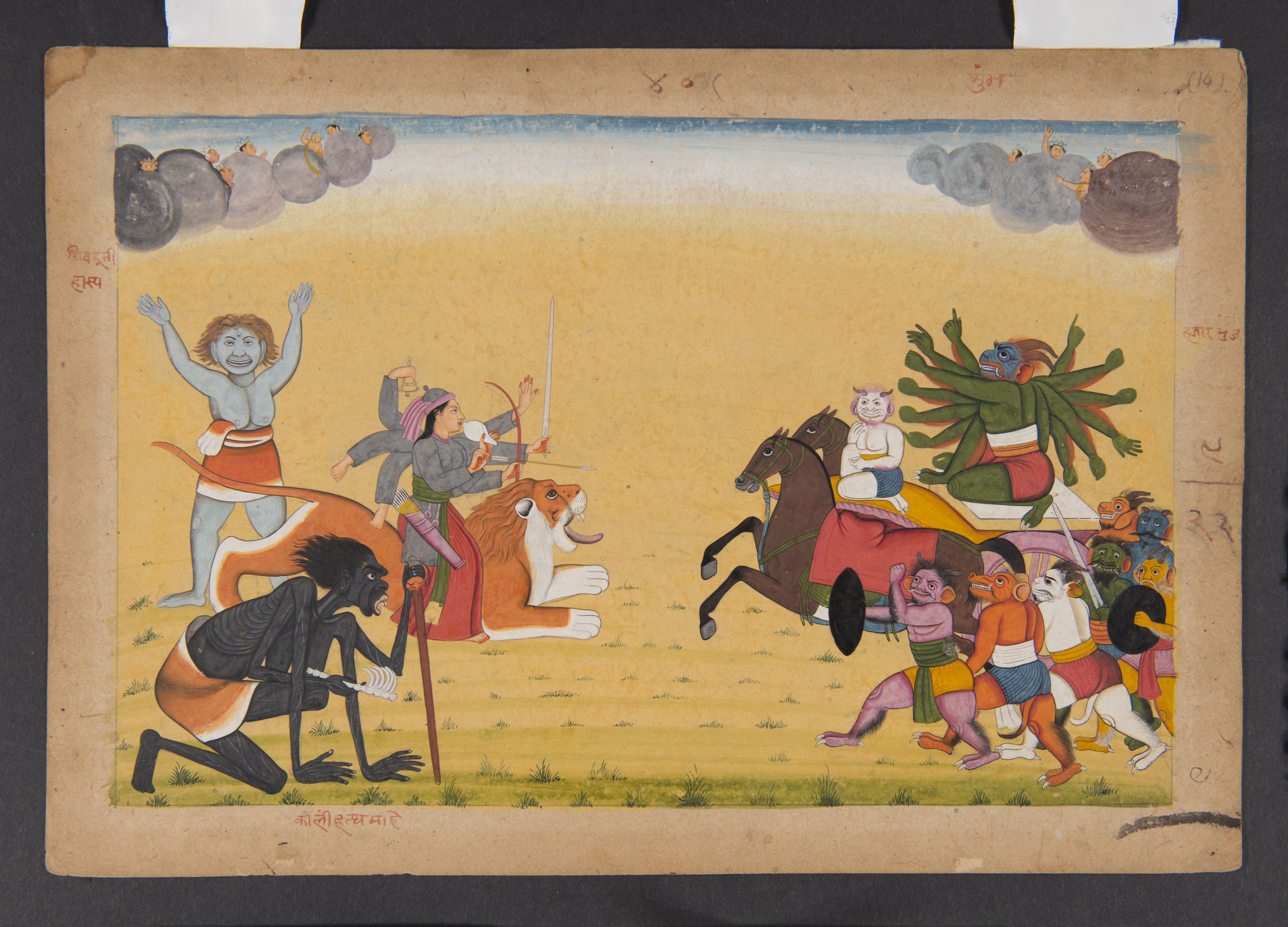 Indian painting of gods and demons on either side before their epic battle