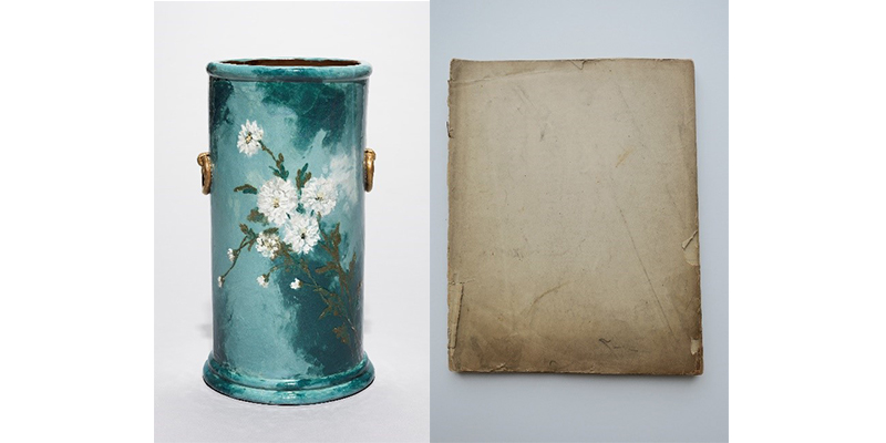 umbrella stand painted with white flowers and old record book