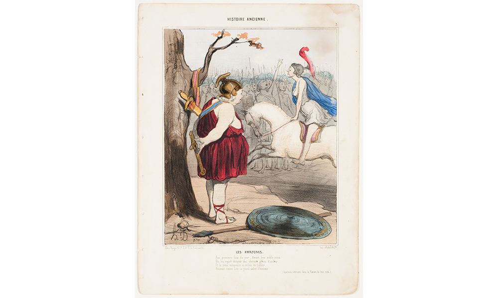 Honore Daumier's The Amazon Women (Les Amazones), a satirical drawing of a thin woman hearing a helmet riding a horse past an overweight woman who stands next to a tree with a sword hung on a branch. A spear and shield lay on the ground next to her feet. 