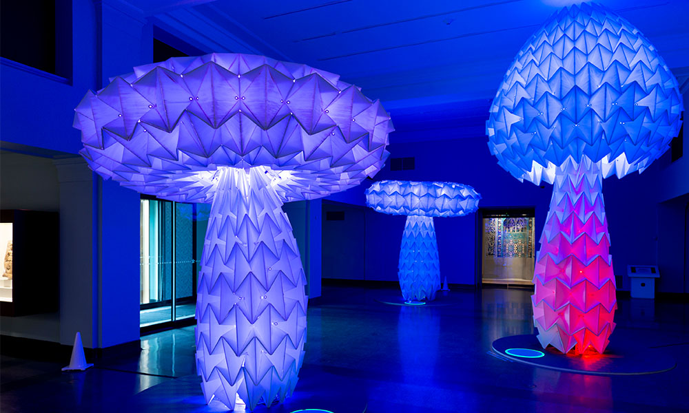 Large mushroom shaped sculptures emit soft, blue and red light