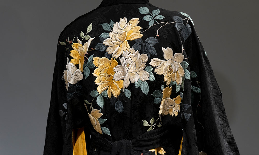 Black kimono with delicate white and yellow flowers