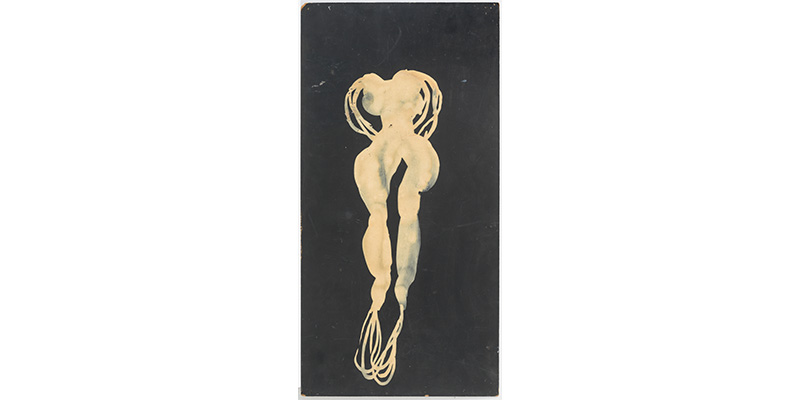 Shahzia Sikander's A Slight and Pleasing Dislocation. A rectangular abstract painting of what appears to be a beige colored, headless, female figure with thick lines for arms and feet, seemingly floating in a black abyss.
