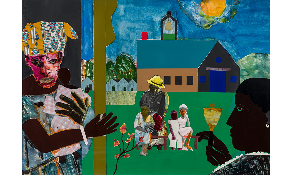 Romare Bearden's Profile/Part 1, The Twenties: Mecklenberg County, School Bell Time, an abstract, mixed media painting of a group of children outside of a school. On the left a mother holds the silhouette of a baby wrapped in cloth. On the right another human figure rings a bell.