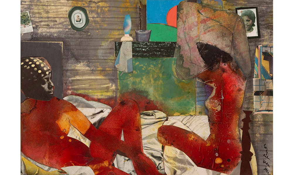 Romare Bearden's Profile/Part I, The Twenties: Mecklenberg County, Railroad Shack Sporting House, an abstract mixed media painting of an African American man and woman sitting in their bed together nude. The man sits leaned against the headboard while the woman sits near the end, lifting her clothes over her head