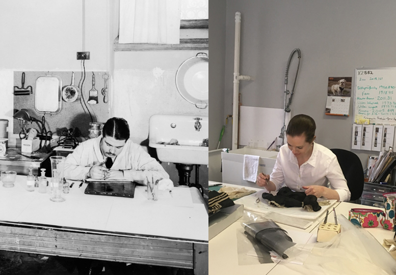 side by side comparison of and old photograph of the conservation lab and today