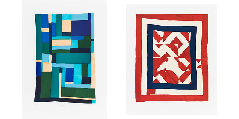 Lorretta Bennett's Blues, quilt made up of various different blues, green, and beige rectangles and squares. Lorretta Pettway's Lazy Gal, quilt with red and white triangles outlined in blue, then white, then red