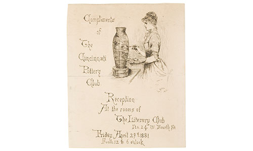 Mary Louise McLaughlin's Invitation to Cincinnati Pottery Club Reception, small etching of a woman glazing an Ali baba vase. Written on the card is an invitation to a reception