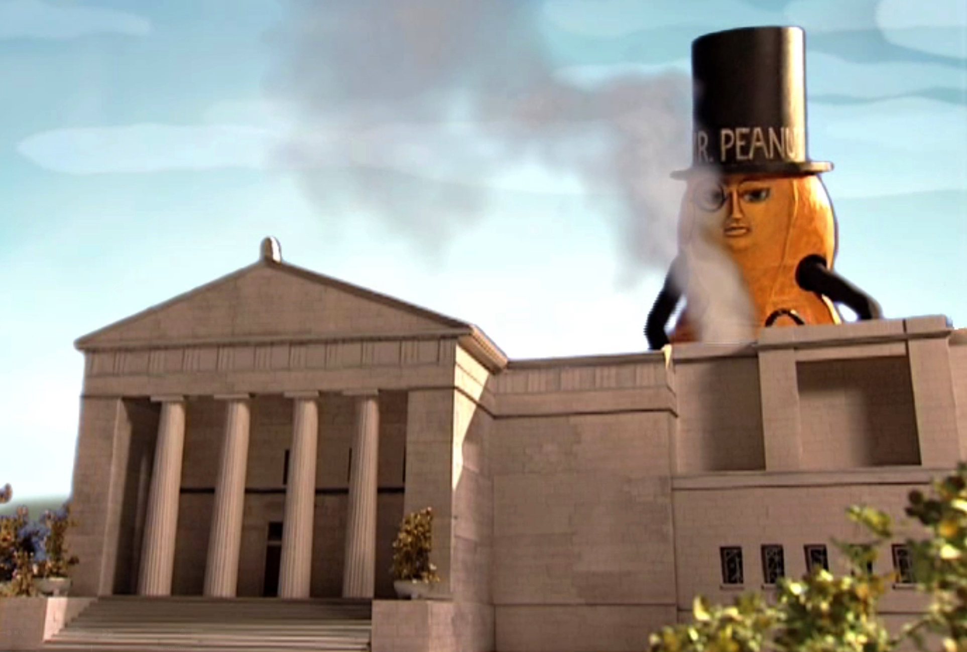 a giant Mr. Peanut looming over the Cincinnati Art Museum
