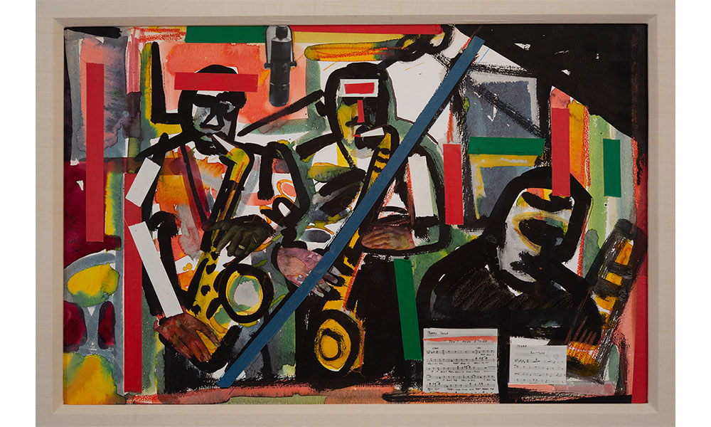 Romare Bearden's Profile/Part II, The Thirties: Rehearsal Hall, an abstract painting of two saxophonists in a recording studio with bold, colorful lines and rectangles