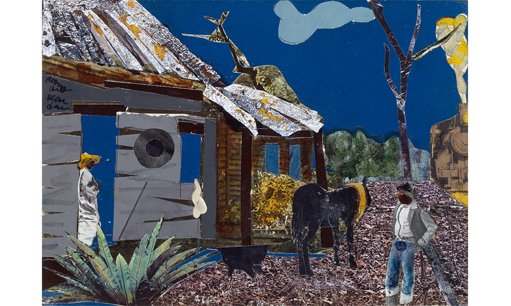 Romare Bearden's Profile/Part I, The Twenties: Mecklenberg County, Spring Fever, an abstract, mixed media painting of a farmstead. On the left side is a house and barn. A human figure stands in the door way of the house, and a mule stands in front of the barn. On the right side a man leans against a tree as a train passes by behind him