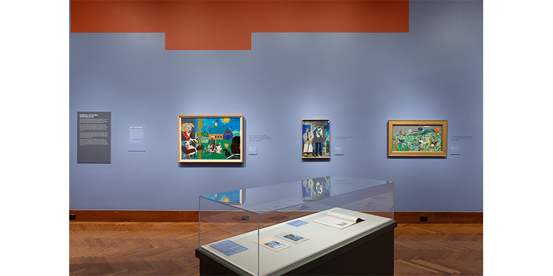 Various artworks within the Romare Bearden exhibition