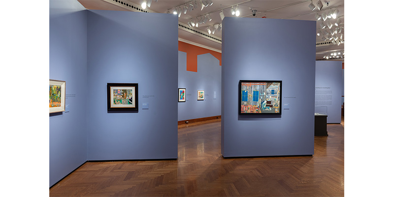 Various artworks within the Romare Bearden exhibition