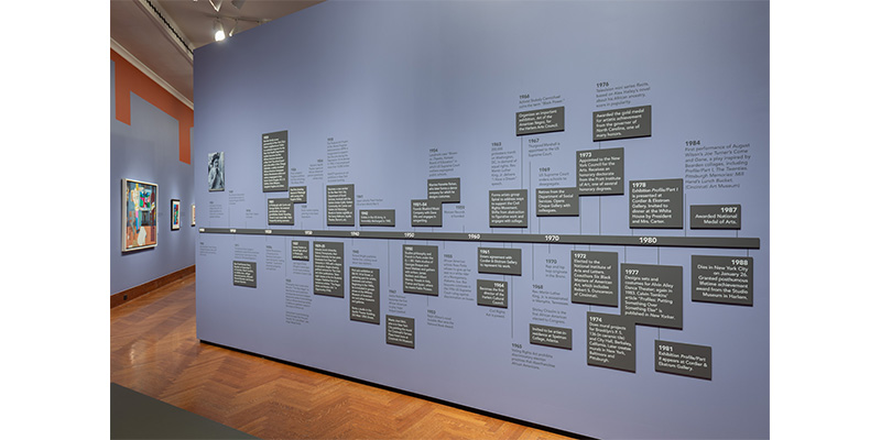 Timeline of Bearden's work on a wall in the exhibition
