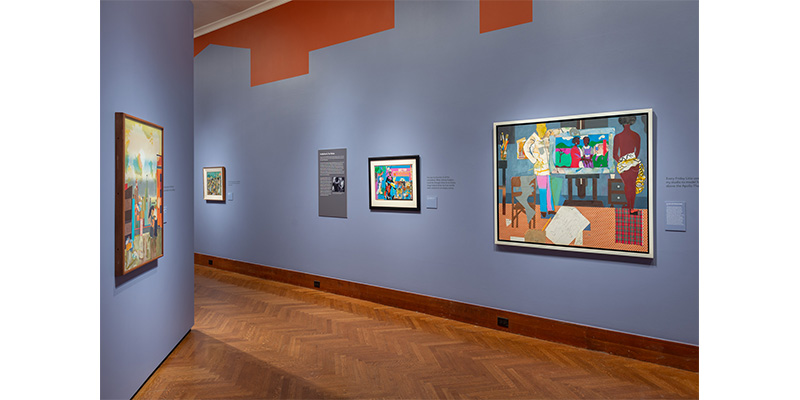 Various artworks within the Romare Bearden exhibition