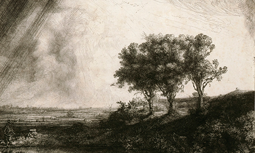black and white etching of a countryside scene with three trees