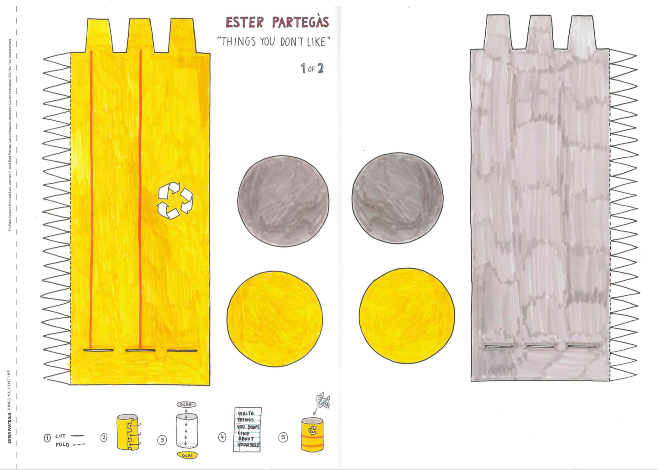 Ester Partegàs' Things You Don't Like, instruction manual with cutouts to make a paper trashcan