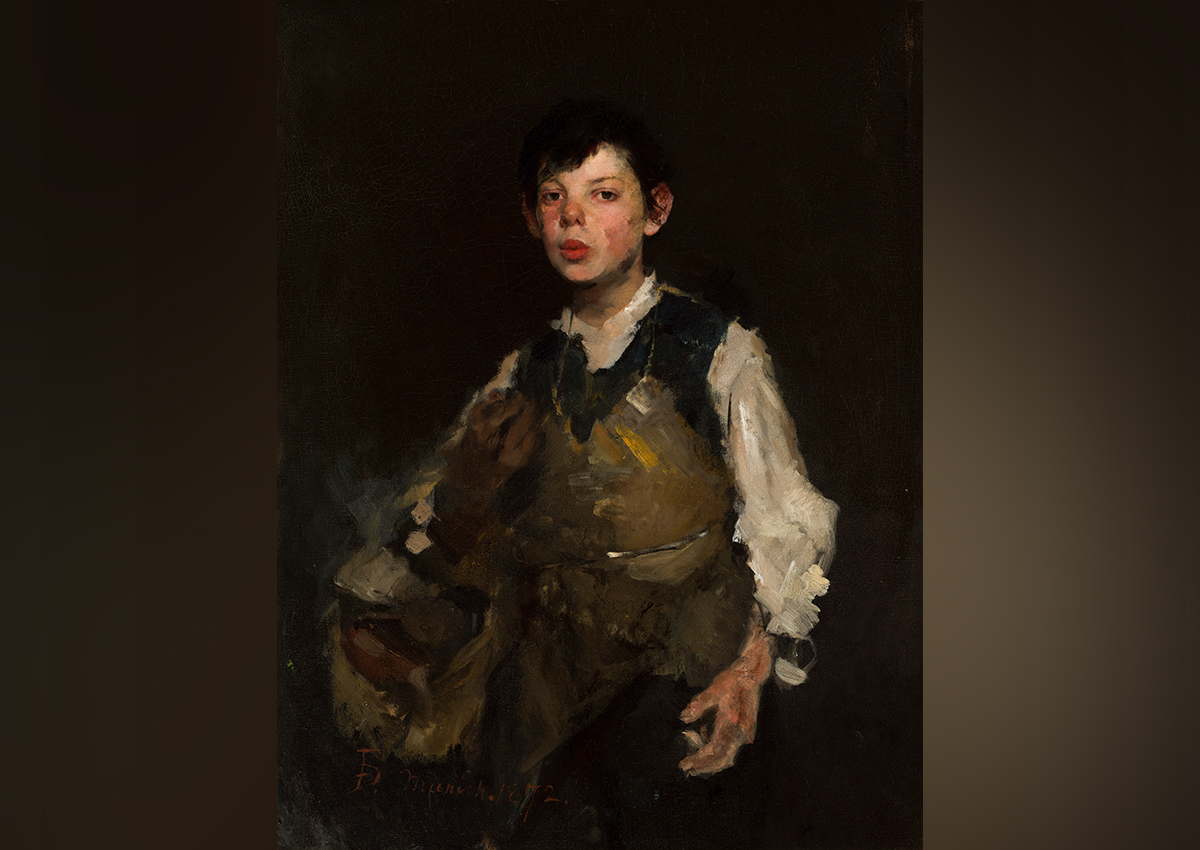 Frank Duveneck's The Whistling Boy, a painting of a young boy standing in front of a black backdrop whistling, looking towards the viewer