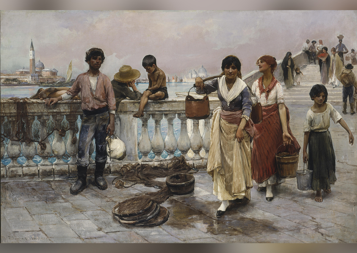 Frank Duveneck's Water Carriers, a rectangular painting of  three women carrying water past a group of boys resting on a banister next to a river. Venice can be seen across the water in the distance.
