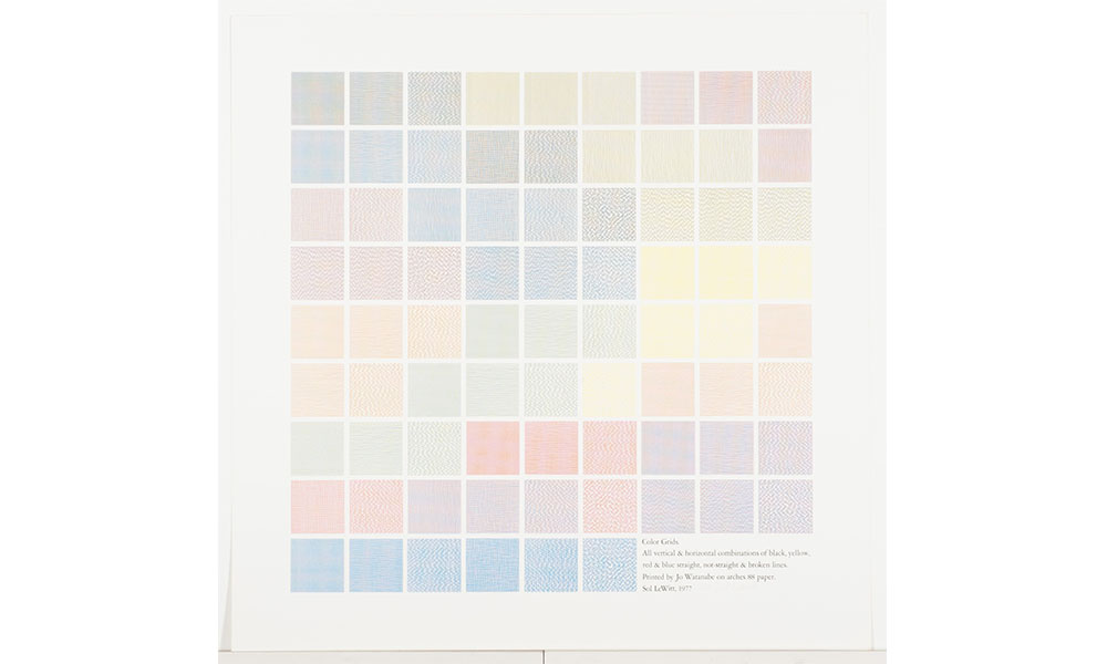 Sol LeWitt's Color Grids, a nine by nine grid of pastel colored squares with varying textured patterns
