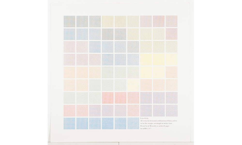 Sol LeWitt's Color Grids, a nine by nine grid of pastel colored squares with varying textured patterns