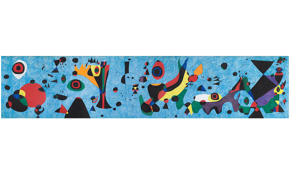 Joan Miró's Mural for the Terrace Plaza Hotel, a long rectangular abstract painting of bold colored circular and other round forms floating on a sky blue backdrop. Some of the forms have thin outlined cartoonish faces